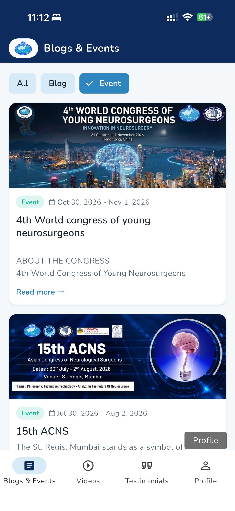 ACNS Webinars app — Blogs & Events screen